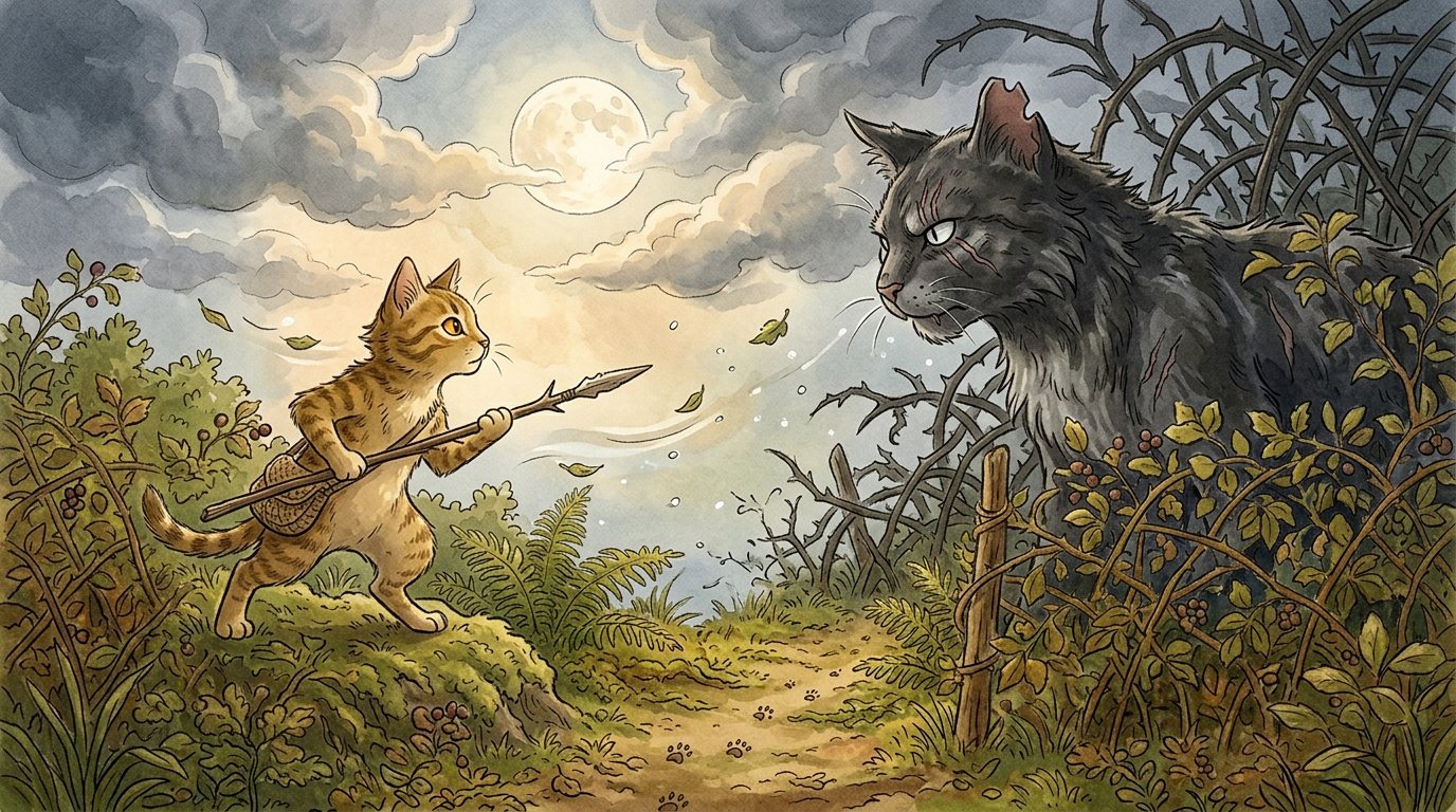 A young Thornclan tabby rises on two legs, thorn-spear leveled, facing the huge scarred rogue cat Blackbriar across a moonlit bramble hedge