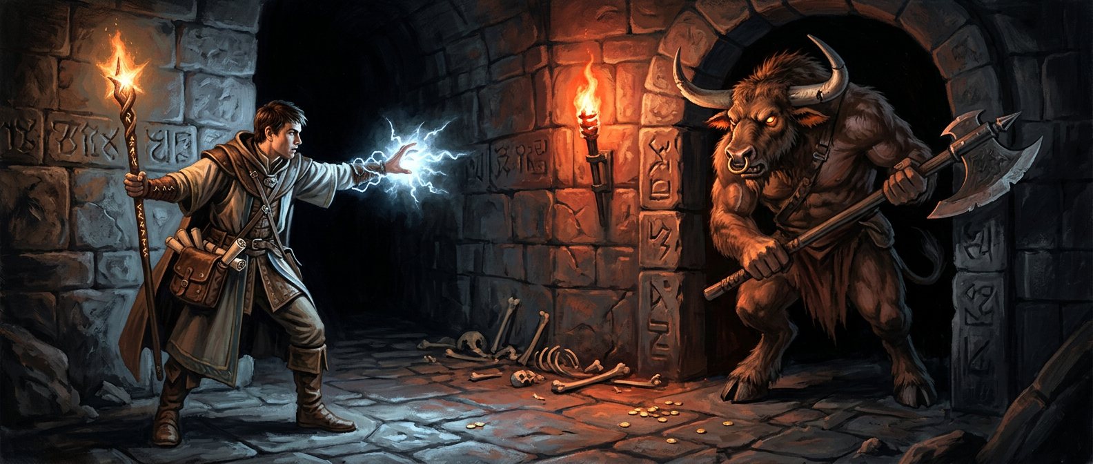 A human mage, staff blazing, faces a massive minotaur in a torchlit stone labyrinth